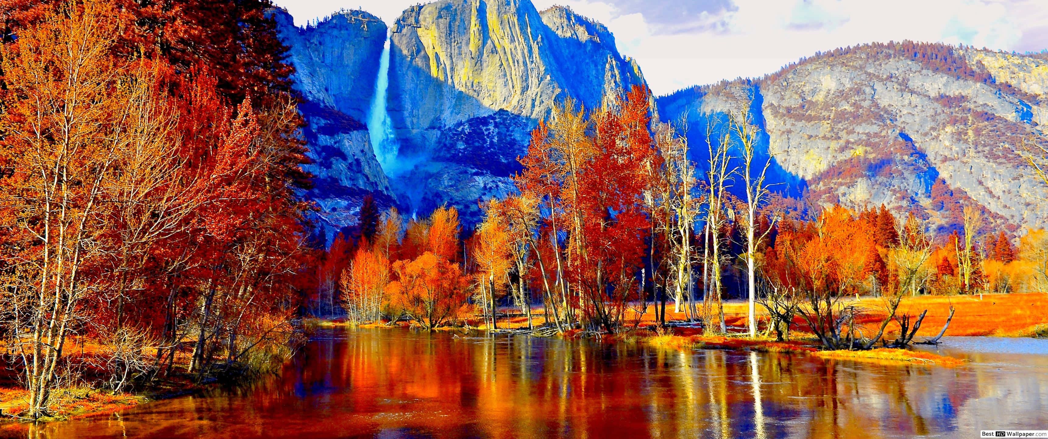 3440x1440 Download 3440x1440 Fall Season With Lake And Mountain View Wallpaper