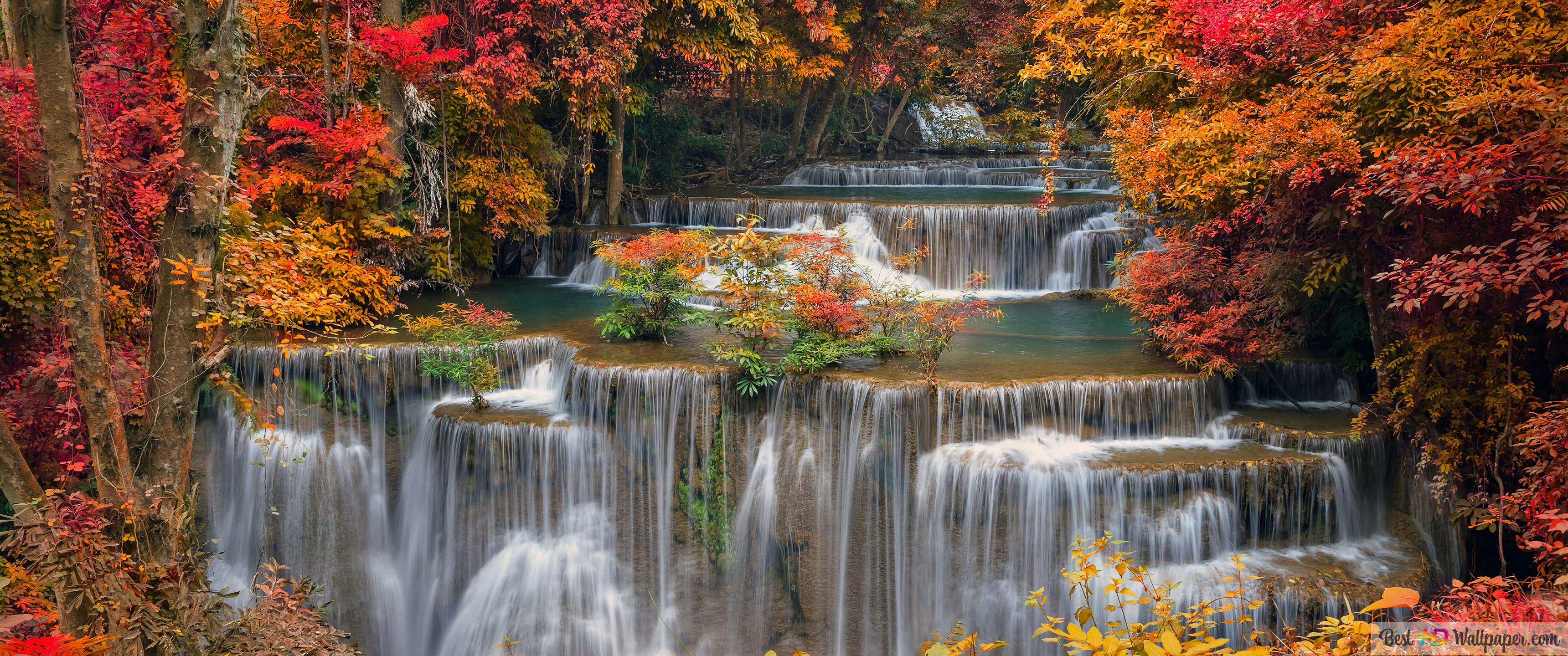 3440x1440 Waterfall Autumn Forest 4K wallpaper download