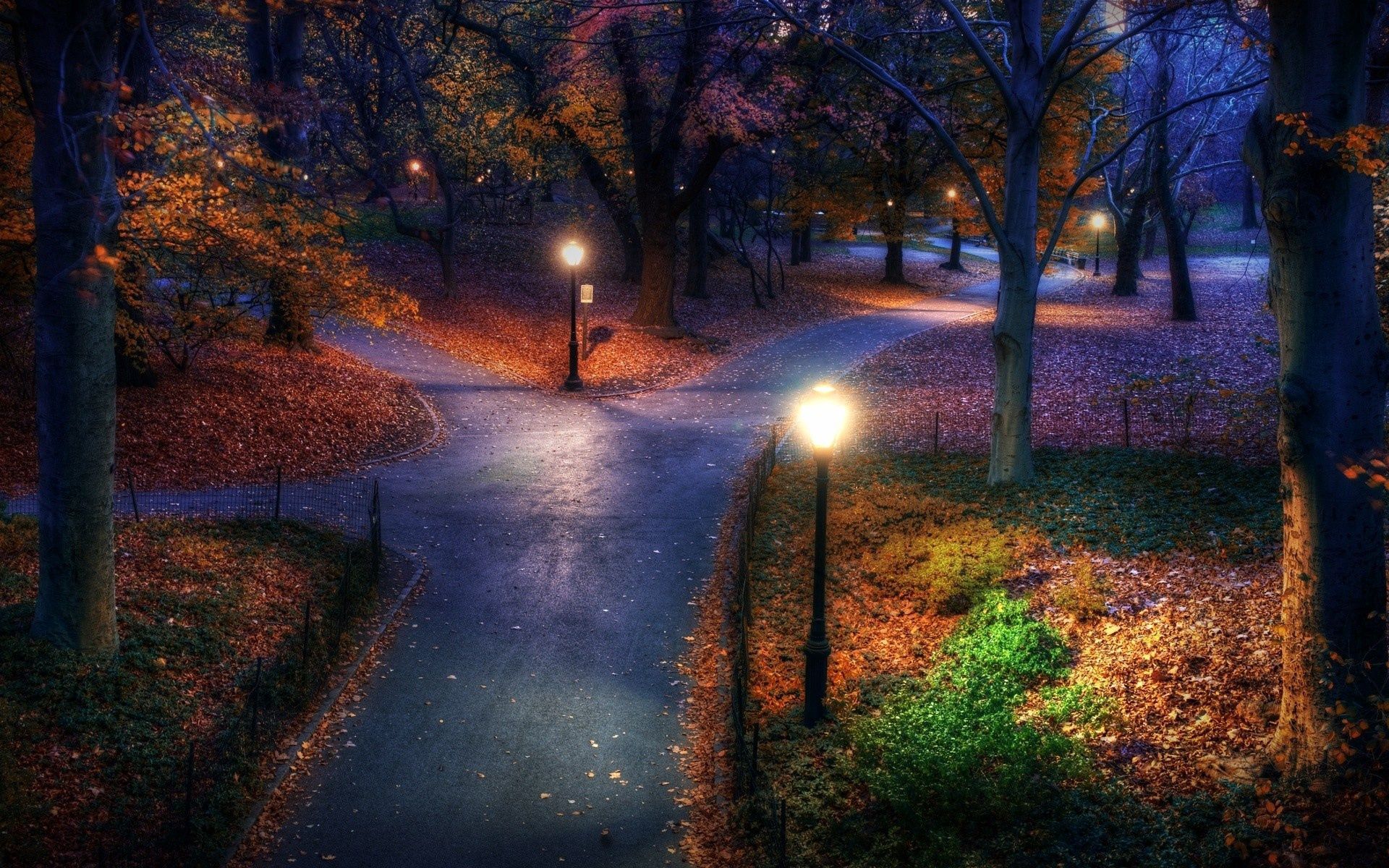1920x1200 Desktop wallpaper: Autumn, Cities, Leaves, City, Lights, Park, Lanterns, Path, Paths, Sidewalk 4K free download for PC. 129525