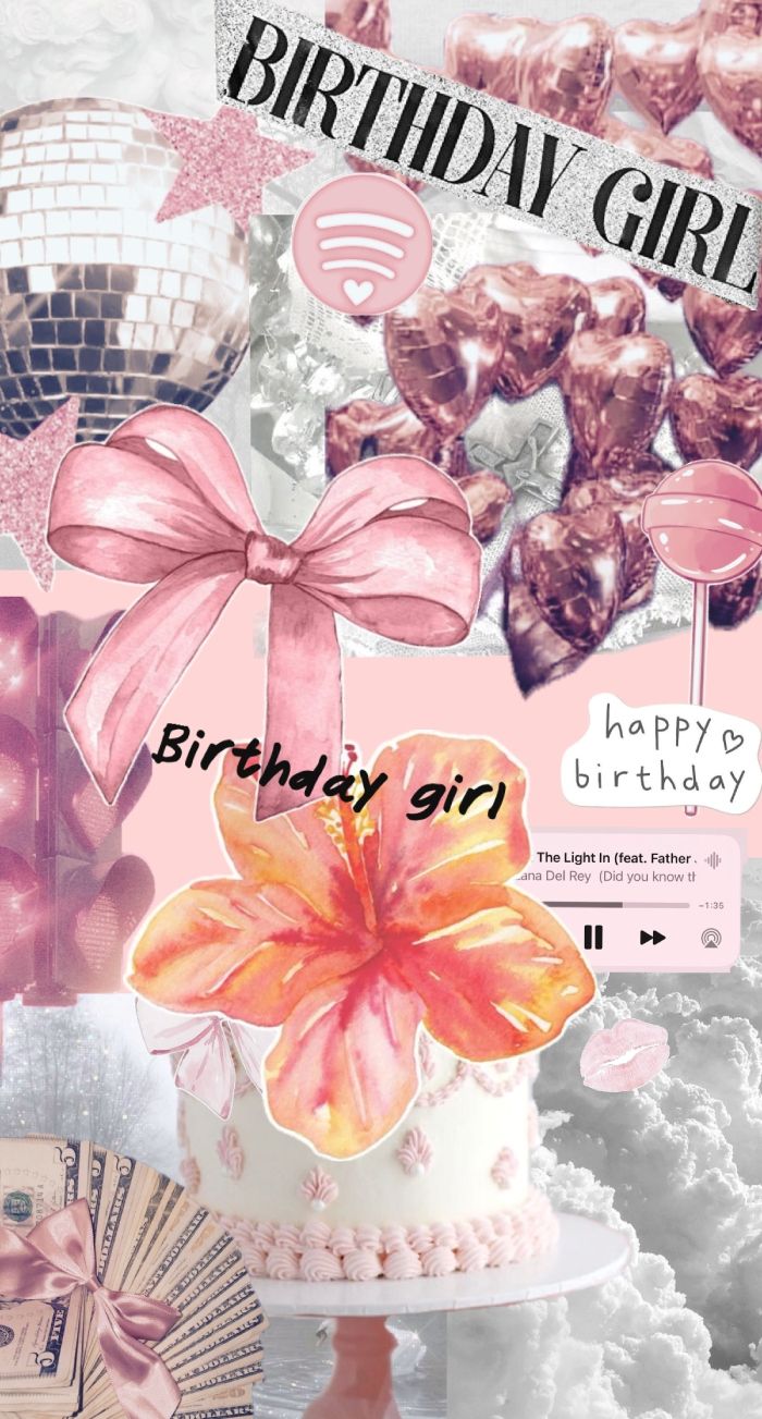 700x1303 Cute Birthday Girl Collage Aesthetic Wallpaper with Bow, Disco Ball & Balloons