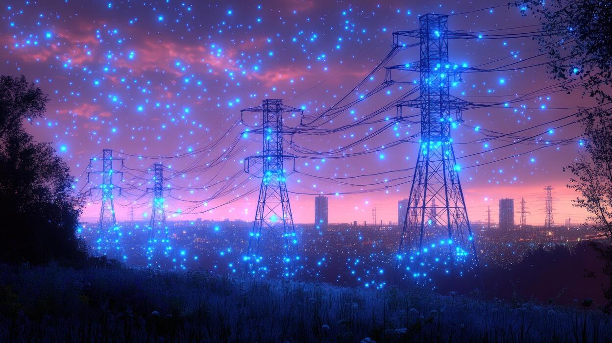 1249x700 Electric pylons at twilight, glowing with cosmic particles