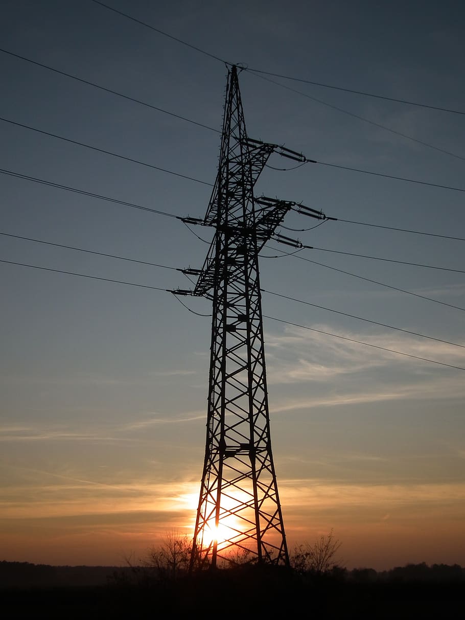 910x1213 HD wallpaper: sunset, strommast, high voltage, pylon, landscape, cable, electricity