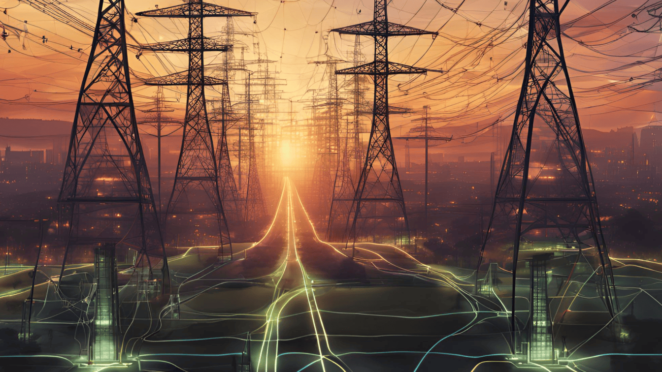 1344x756 Free picture: Illustration of a distribution of electric energy via high voltage power grid, graphic of tall metal eclectic pylons with cables with cityscape in dusk