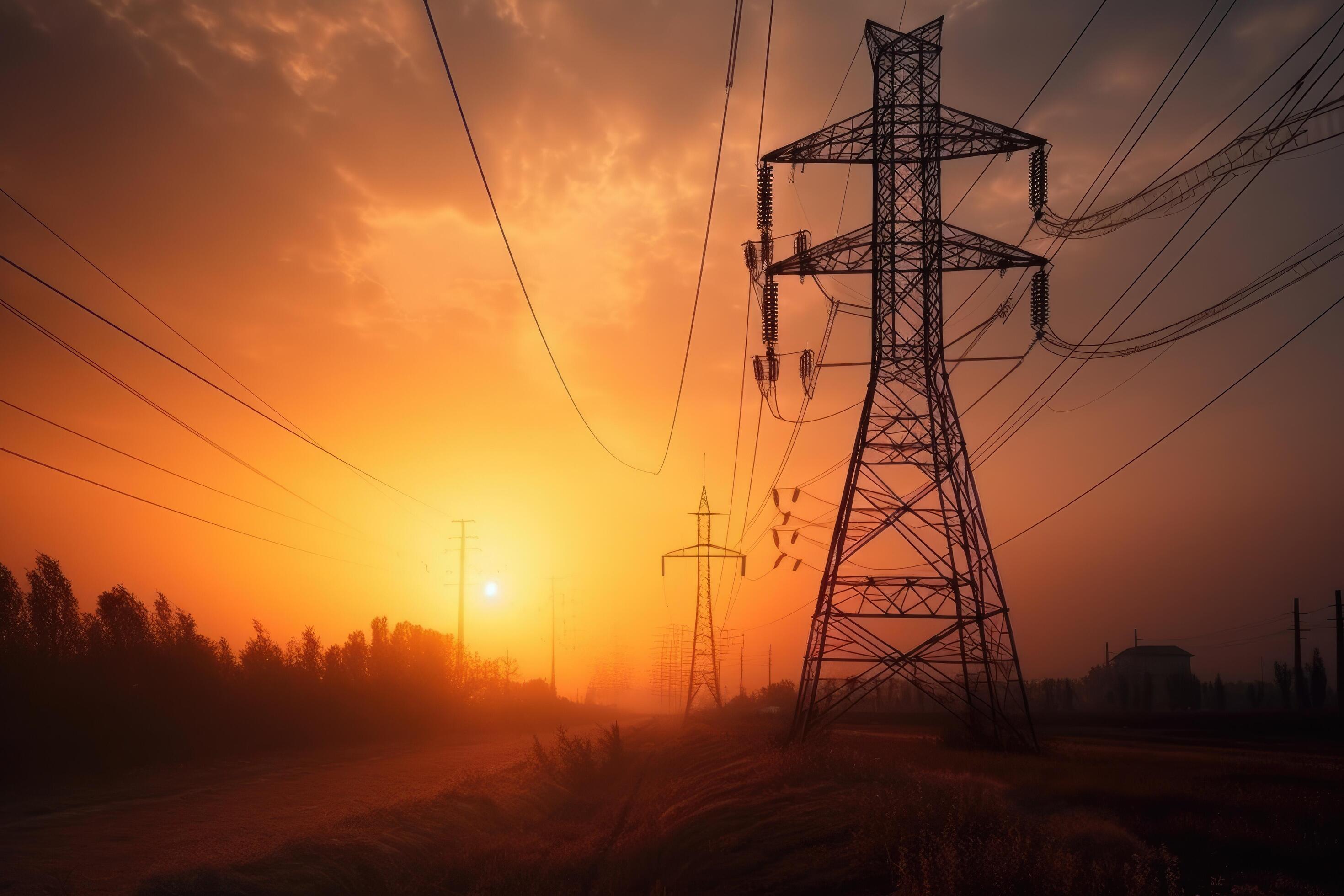 2940x1960 High voltage power lines and pylons at sunset. Electricity distribution station. Big electricity pylon view at sunset time