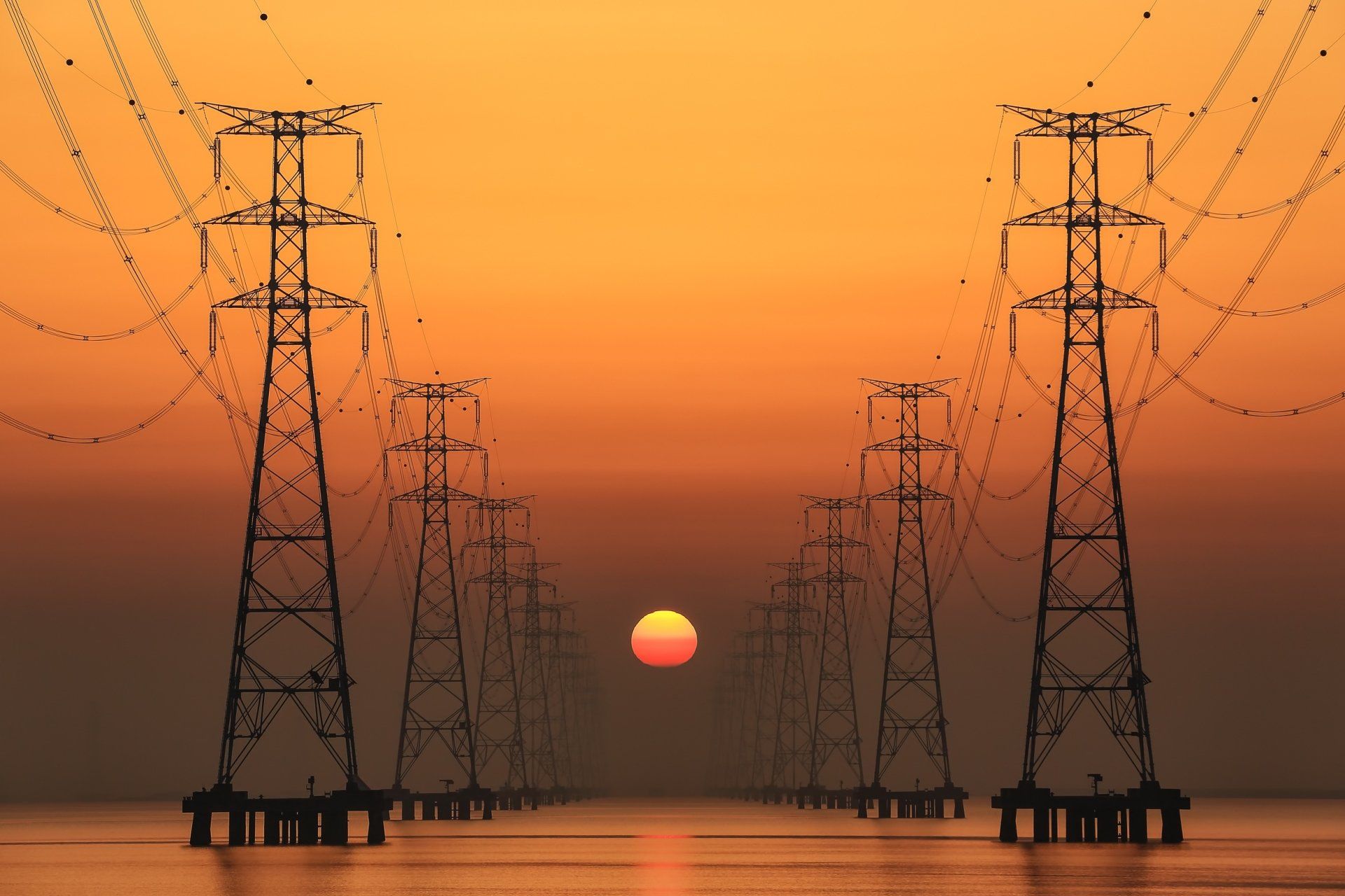 1920x1280 Electric Sunset on the Horizon. Sunset Between Power Lines. Dusk Over Transmission Towersx1667