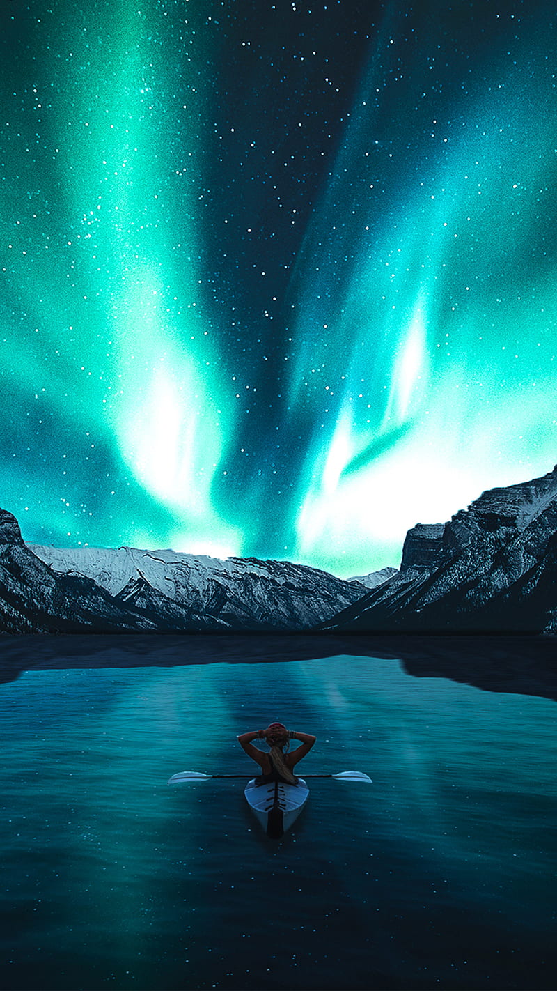 800x1422 Heaven, M_A_Visuals, aurora, girl, lake, nature, night sky, sky, HD phone wallpaper