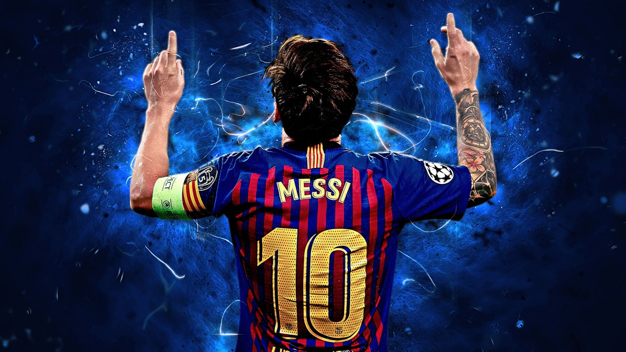 2560x1440 Backside Of Lionel Messi Showing Hands Up Wearing Blue Red Sports Dress HD Messi Wallpaper
