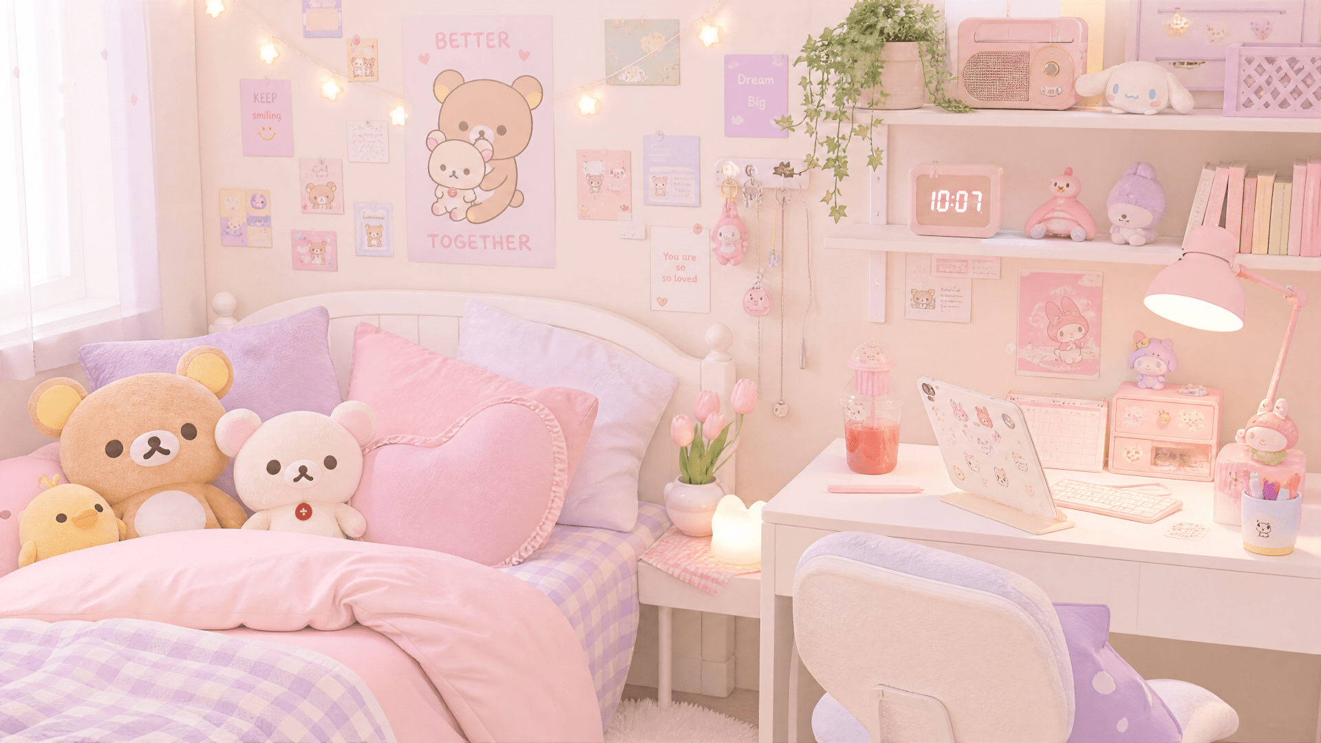 1920x1080 Pastel Plush Dream. Kawaii Cozy Room. Cute 4K Wallpaper
