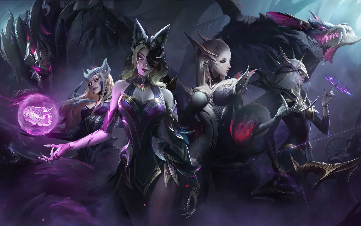 1440x900 Download All Coven Skins, Coven, Skin, Art, Ahri, Malphite, Warwick, Ashe, Evelynn, Cassiopeia, Lol, League of Legends Wallpaper in 1440x900 Resolution
