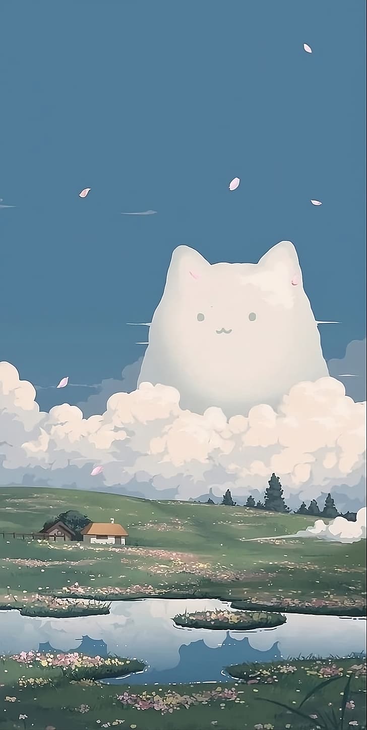 728x1446 HD wallpaper: Studio Ghibli, cat boy, cat girl, clouds, landscape, rural
