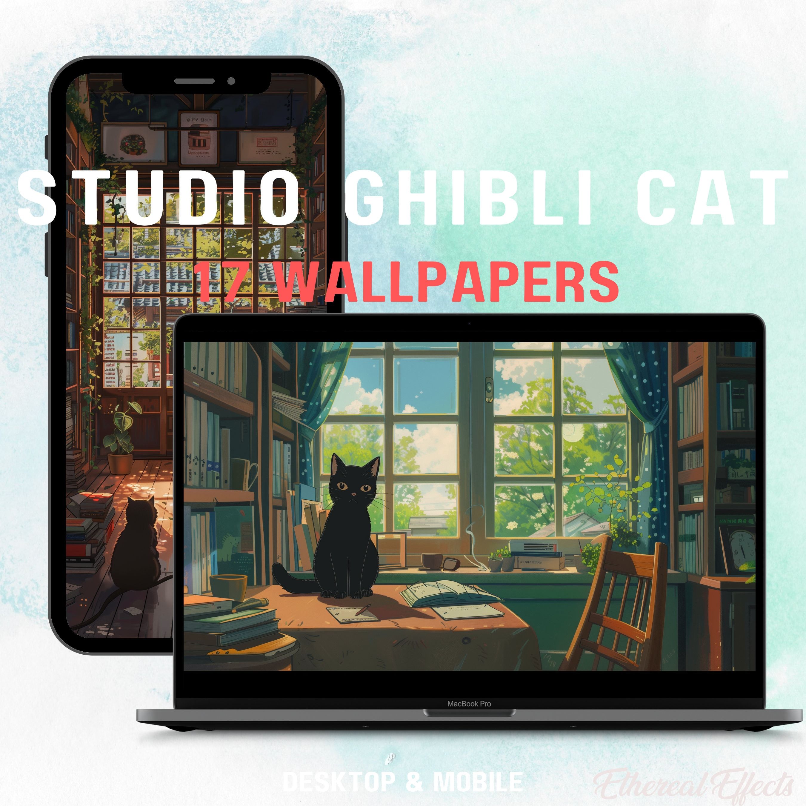 2700x2700 Cozy Cats Wallpaper Plants Books Kawaii Ghibli Black Cat Matcha Green Mobile Laptop Desktop Bundle Aesthetic Background Instant Download
