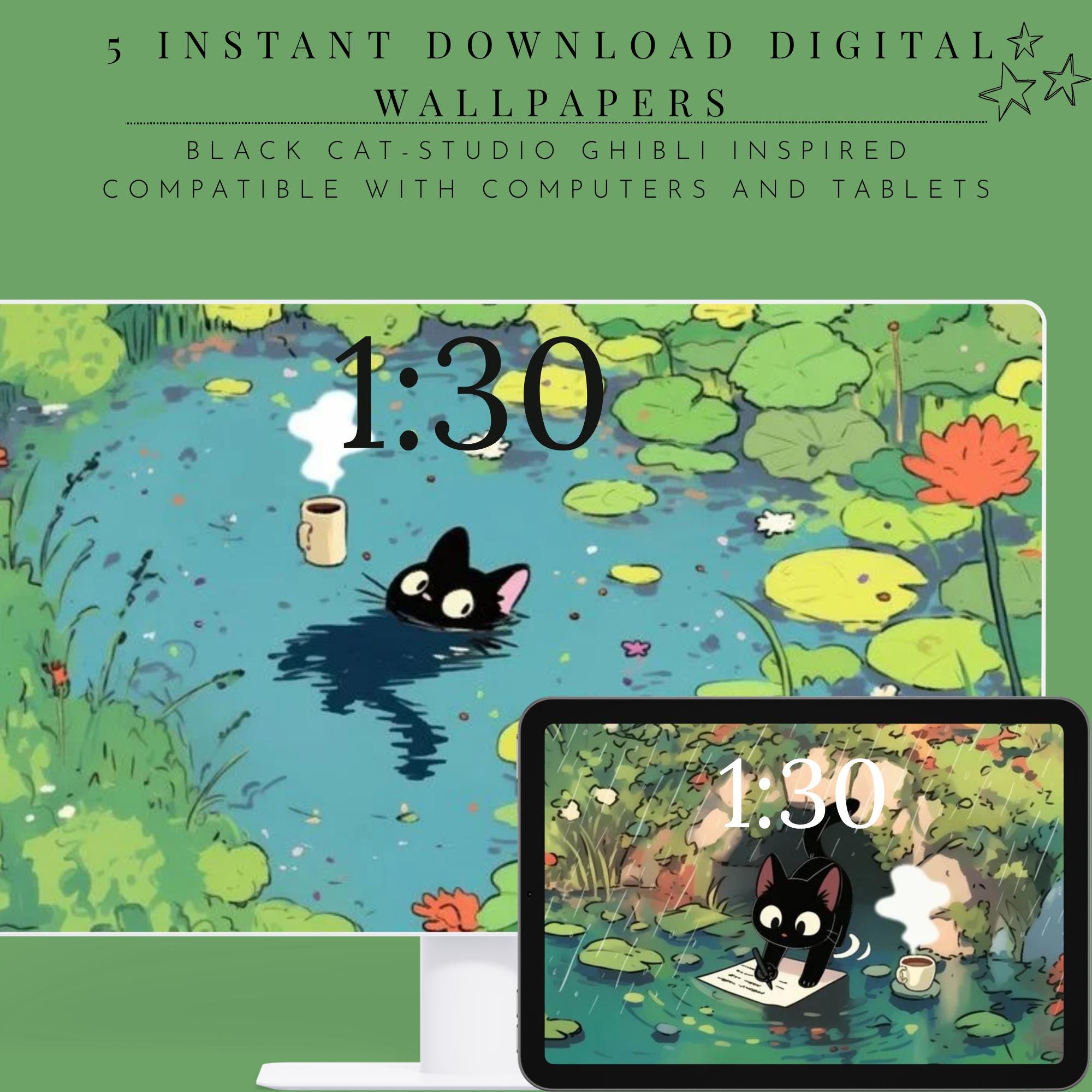 2000x2000 Studio Ghibli Inspired Art Black Cat Laptop Wallpaper. Anime Desktop Background. Kawaii Digital Download
