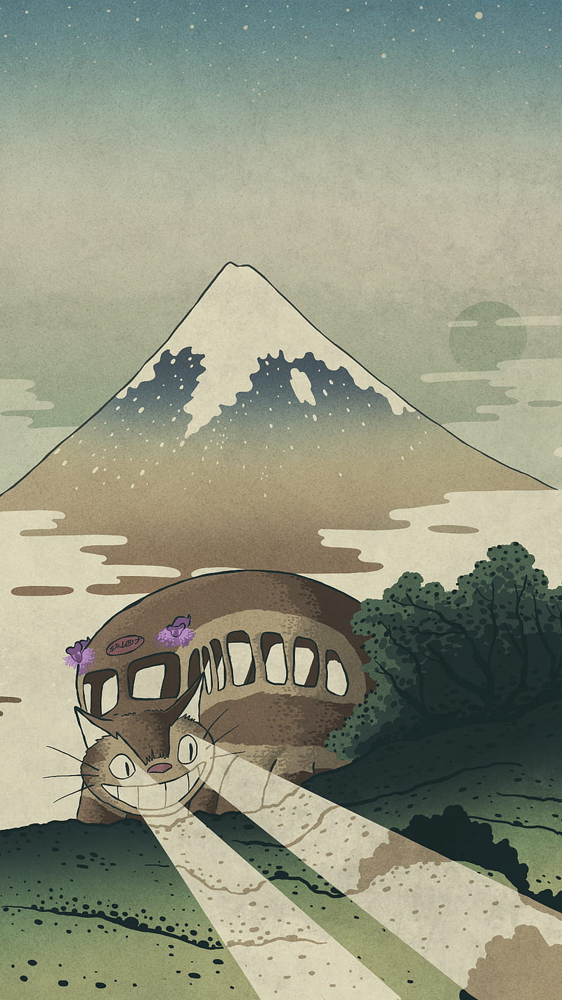 800x1422 Catbus and fuji, ukiyoe, japan, fanart, japanese, animeillustration, nekobuse, HD phone wallpaper
