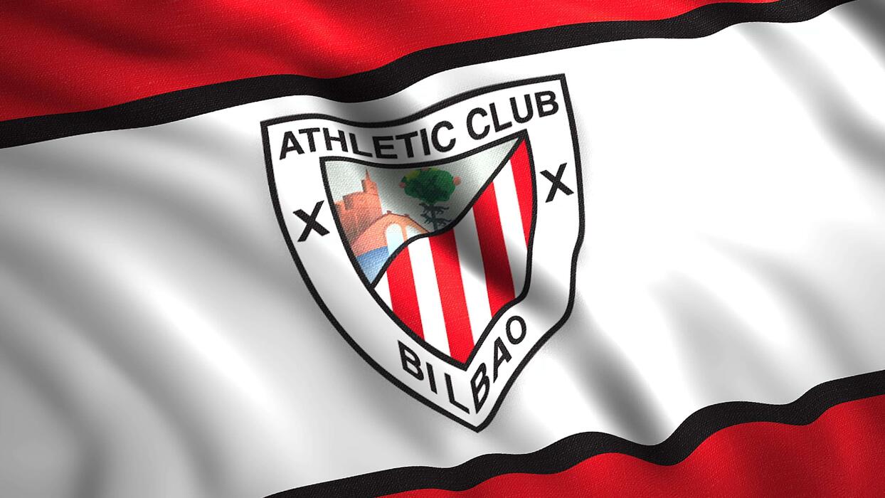 1244x700 Football club logo on 3D flag. Motion. Sports background with waving flag and logo of football club. Logo of Spanish football club Athletic Bilbao