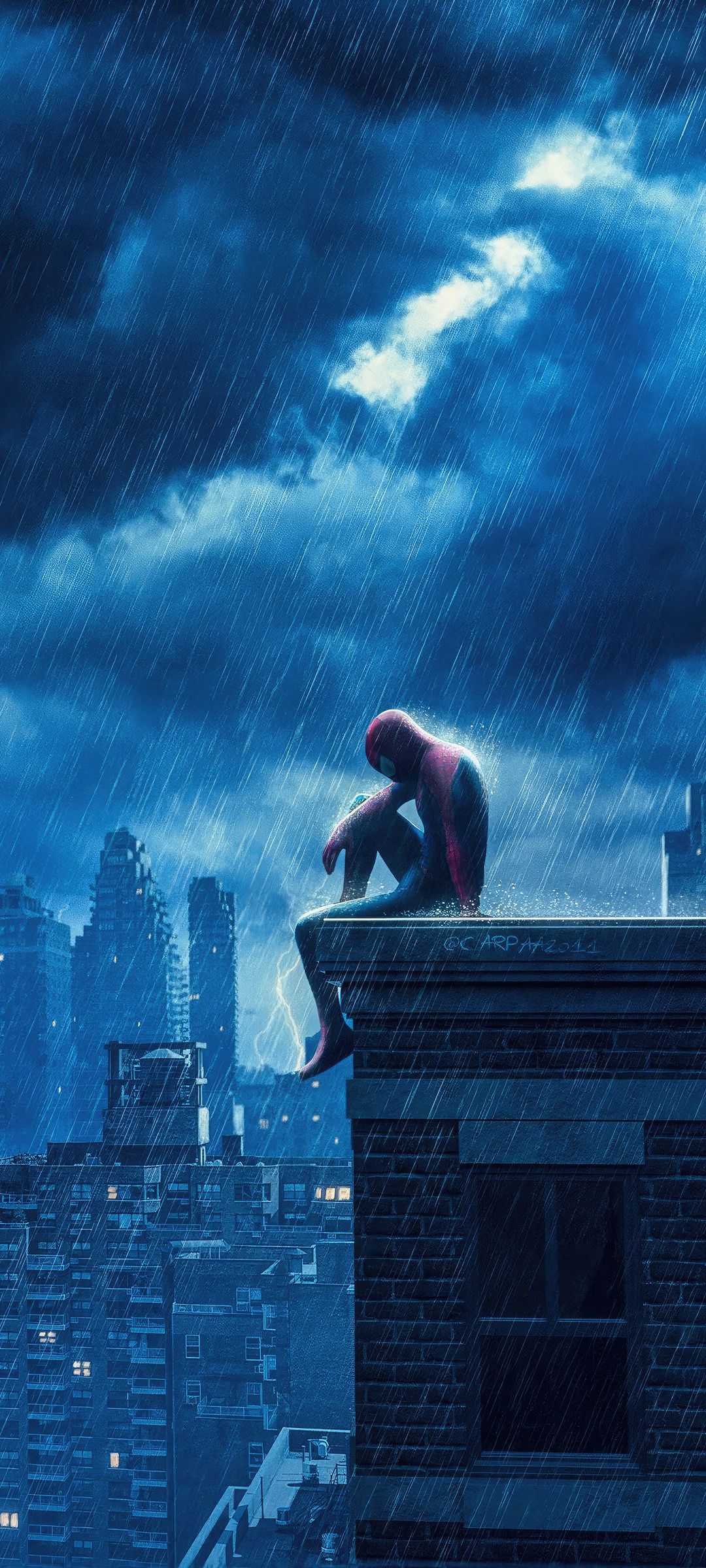 1080x2400 Spiderman Sitting On City Rooftop In Rain Google Pixel 7 , HD 4k Wallpaper, Image, Background, Photos and Picture
