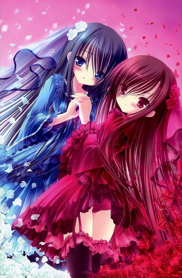 728x1113 HD wallpaper: anime, blue, dress, eyes, fashion, flower, girls, hair, illustrations
