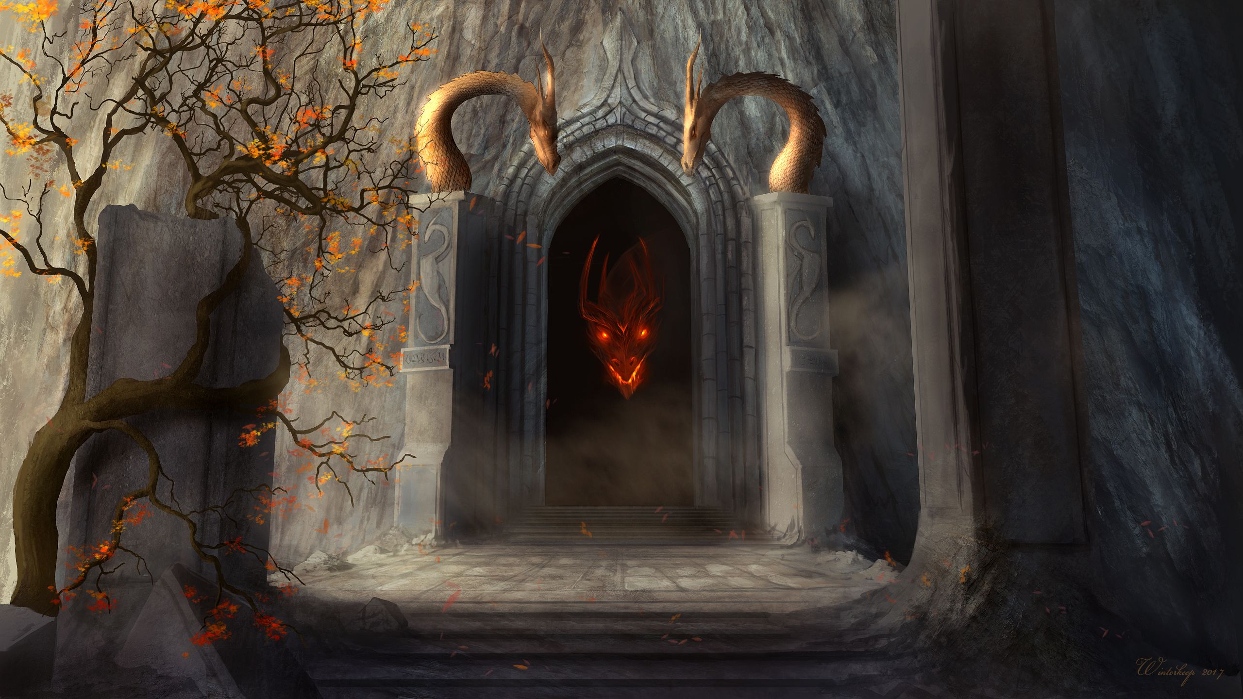 2560x1440 Dragon's Lair Fantasy Cave HD Wallpaper