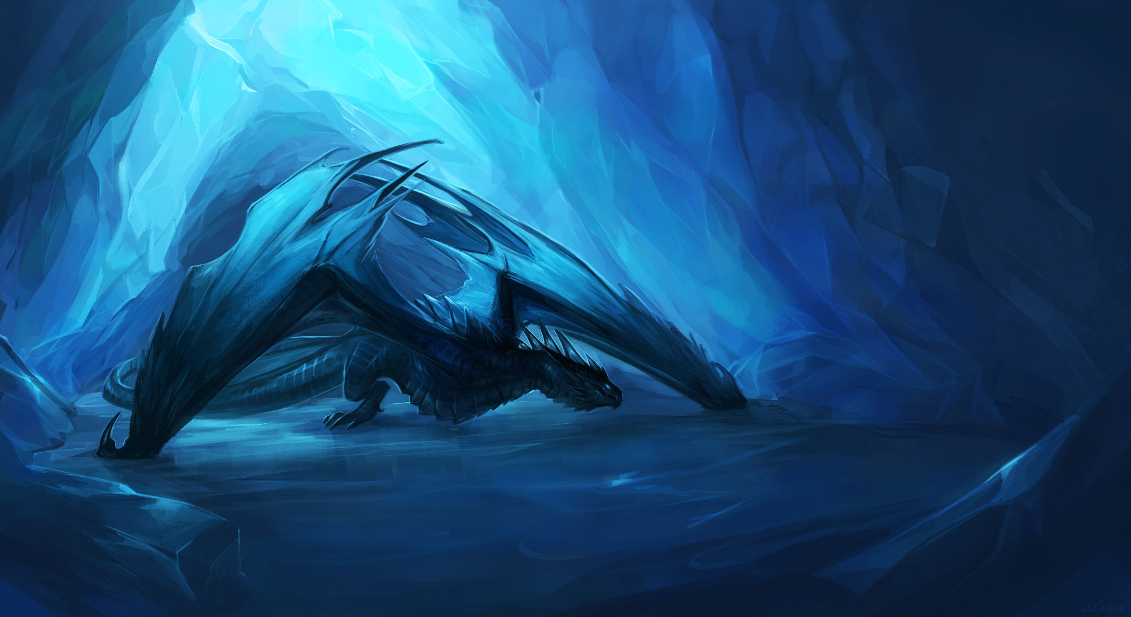 3704x2023 Blue Dragon's Lair: Fantasy Cave HD Wallpaper