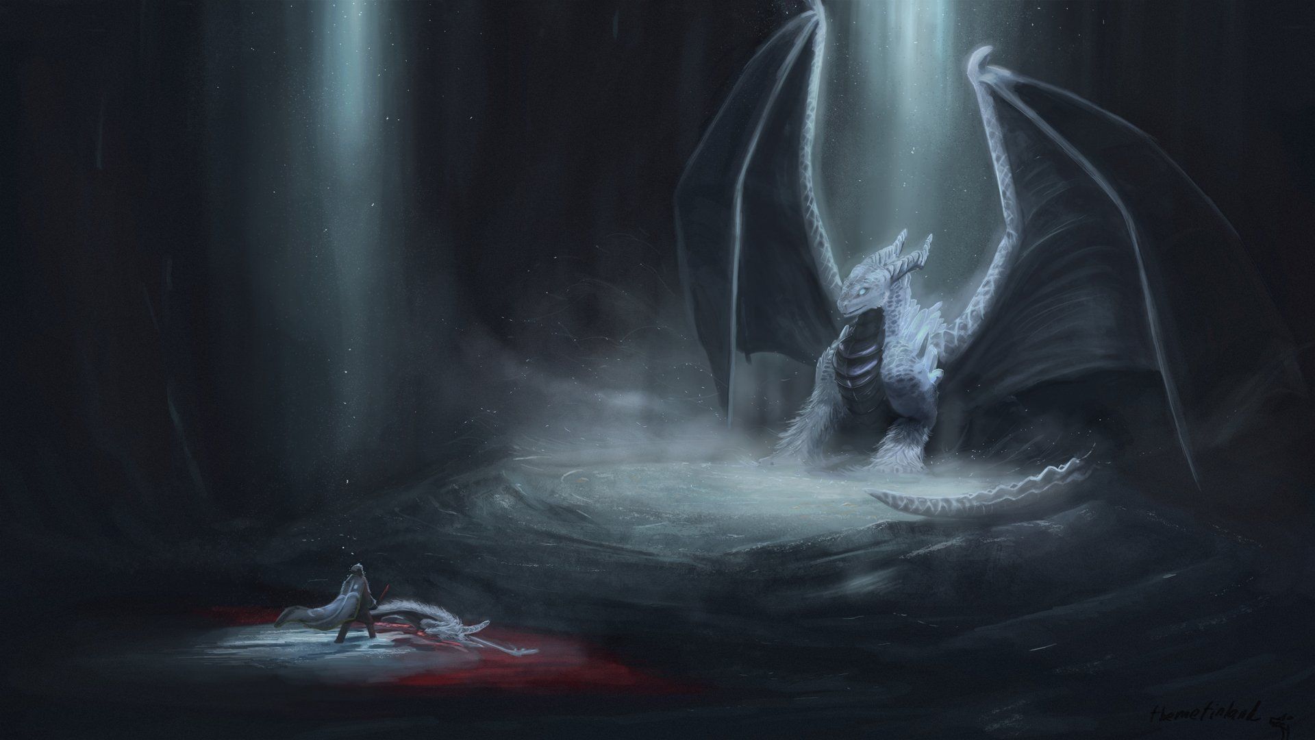 1920x1080 Epic Dark Fantasy Duel: Warrior vs Dragon in the Light of the Cave