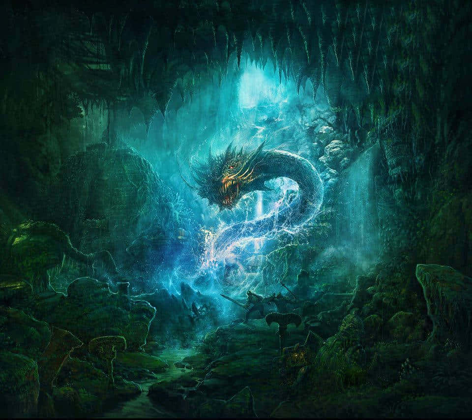 960x854 Download a dragon is in a cave with a light shining on it Wallpaper
