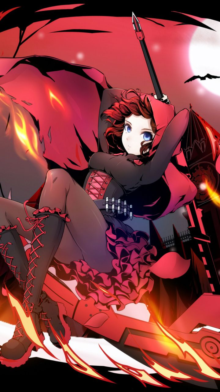 720x1280 Download Scythe Red Hair Bat Moon Ruby Rose (RWBY) Anime RWBY Phone Wallpaper