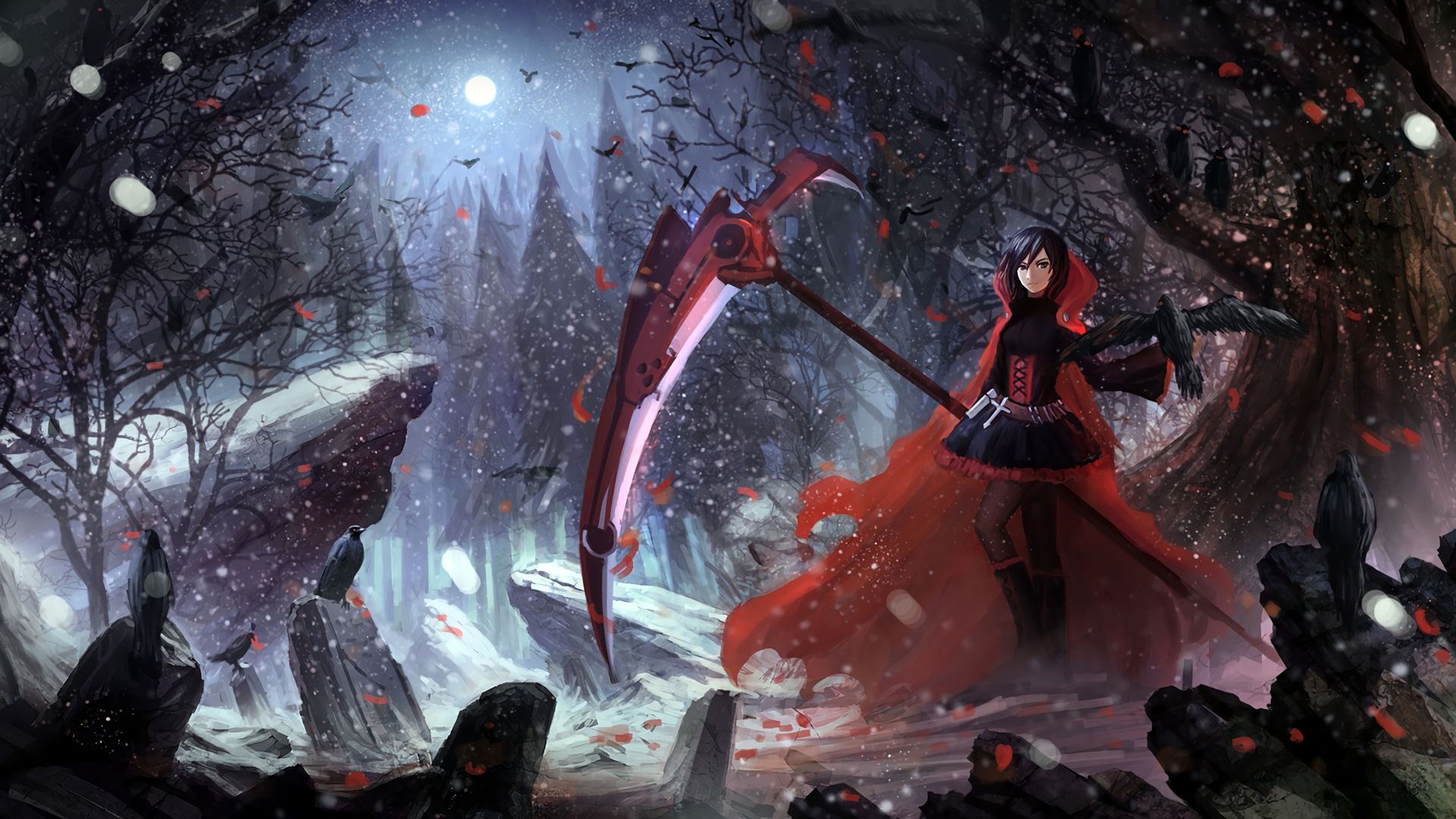 1920x1080 Phone wallpaper: Ruby Rose (Rwby), Anime, Rwby, Dark, Forest, Night, Raven 742278