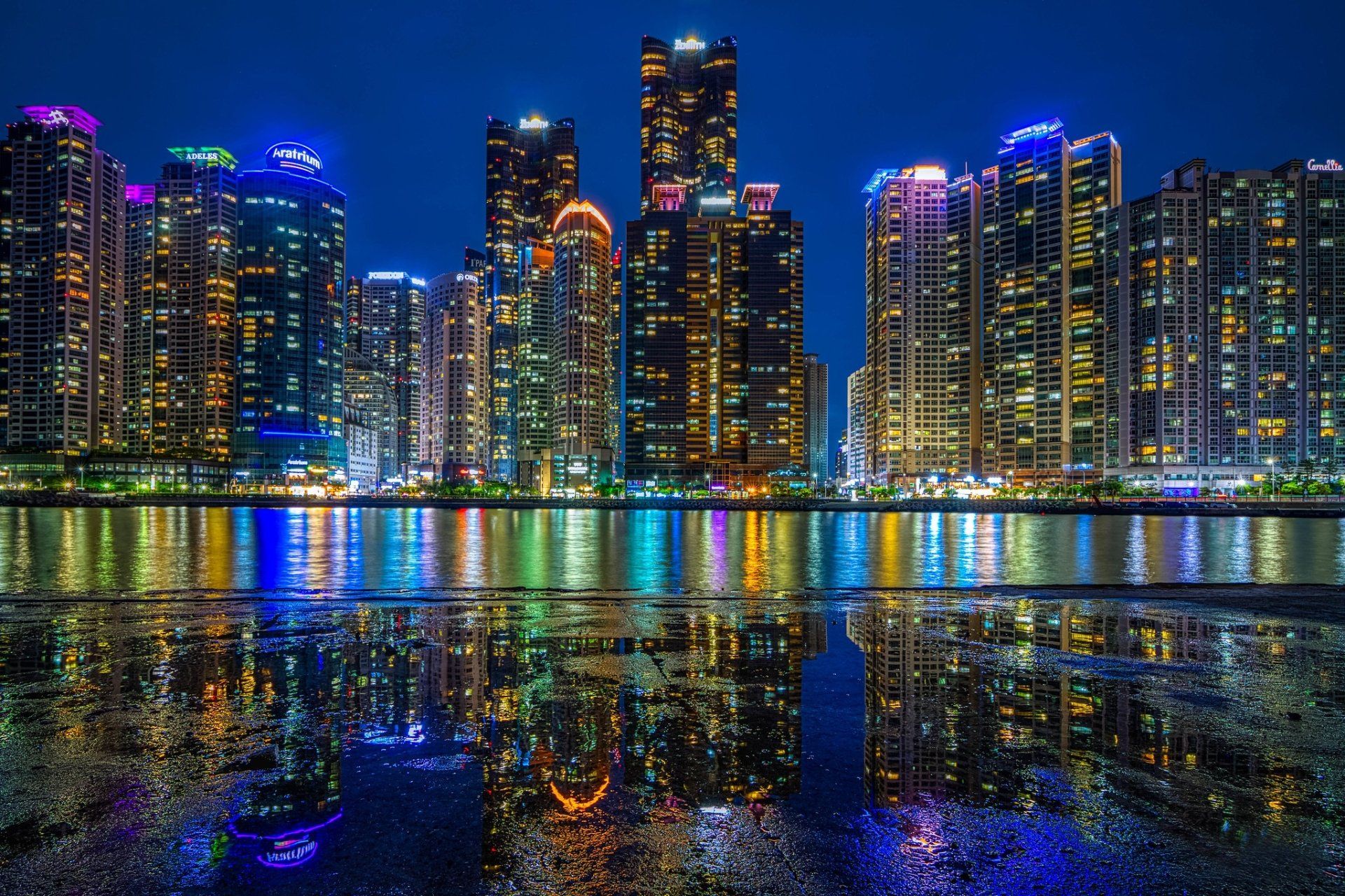 1920x1280 Busan Night Skyline: Vibrant South Korea Skyscrapers Reflected in City Lightsx1365