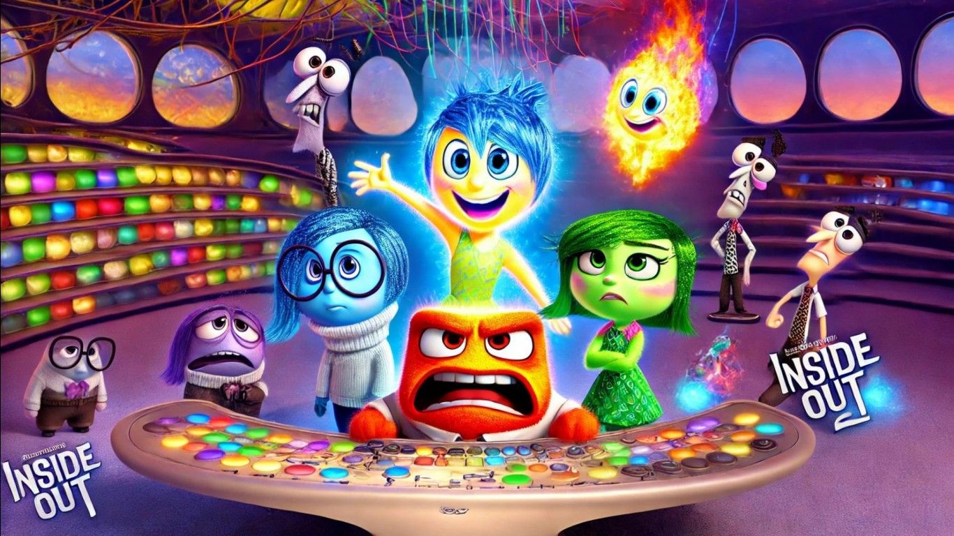 1366x768 Joy, Sadness, Anger, Fear and Disgust HD Inside Out 2 Wallpaper