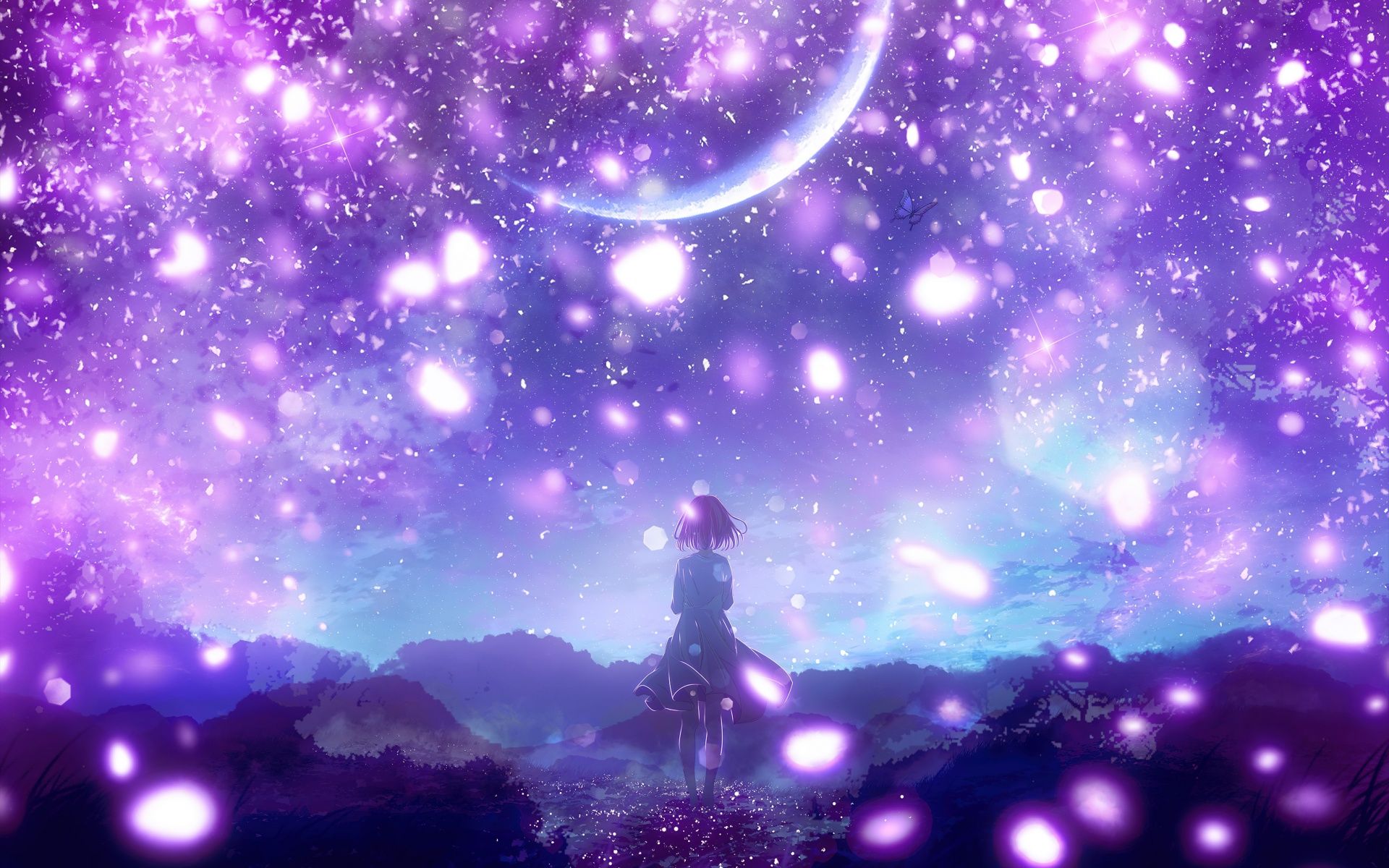 1920x1200 Anime girl Wallpaper 4K, Purple aesthetic, Crescent Moon