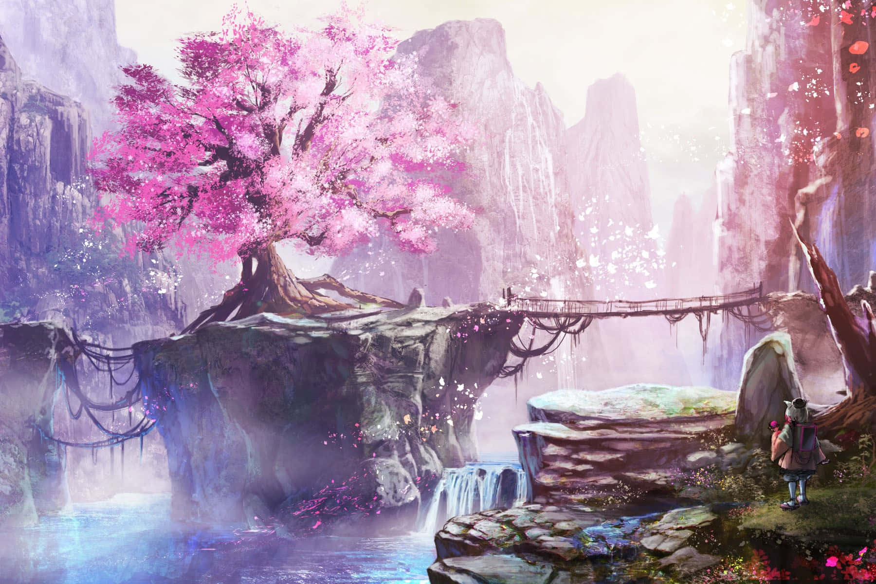 1800x1200 Download Cartoon Landscape Featuring a Dreamy Purple Lake Wallpaper