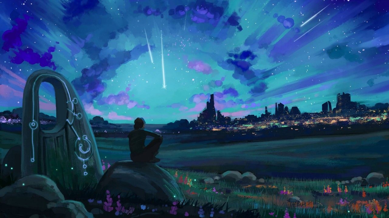 1280x720 Anime Silhouette Starfall Landscape 4K HD Anime Nature Wallpaper