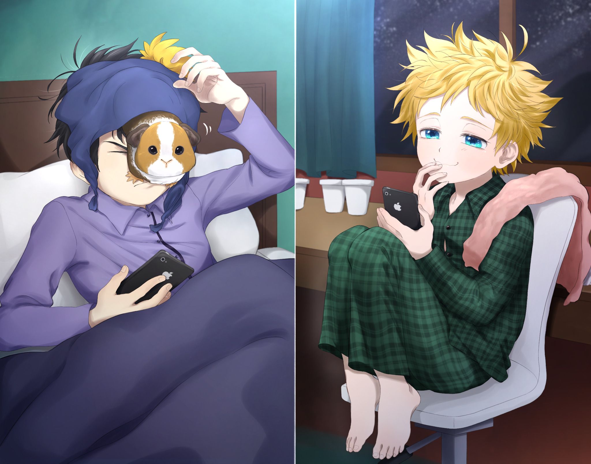 2048x1608 Desktop wallpaper: Craig Tucker, Tv Show, South Park, Blonde, Blue Eyes, Feet, Hat, Pajamas, Phone, Stripe (South Park), Tweek Tweak 4K free download for PC. 495711