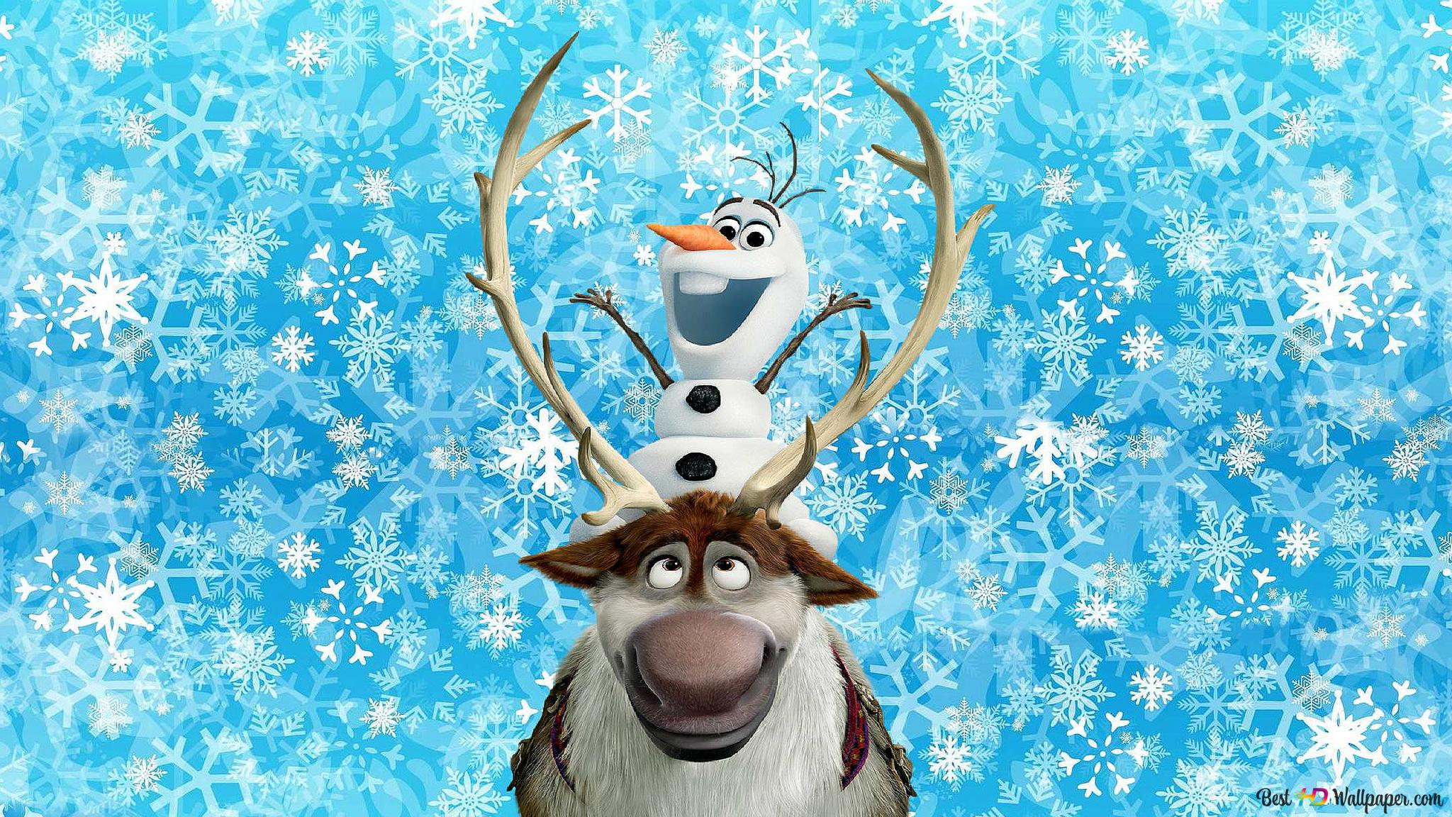 2048x1152 Frozen animated movie character Olaf and deer in snowy environment on 2K wallpaper download