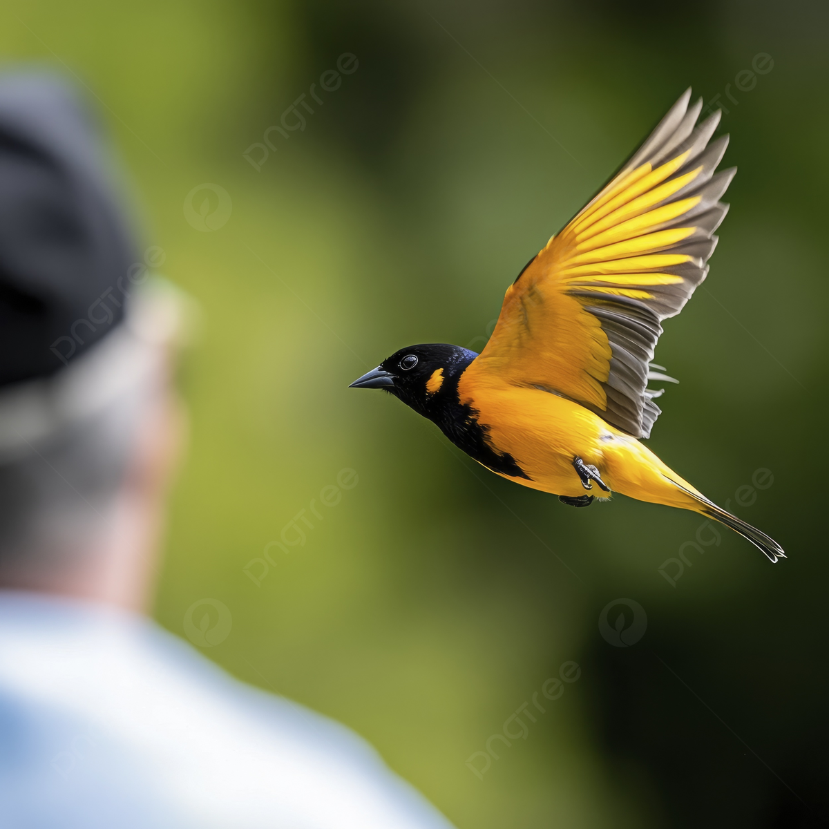 1200x1200 Baltimore Oriole In Flight And A Naturalist On Green Blur Nature Background, Baltimore Oriole, Bird, Yellow Background Image And Wallpaper for Free Download