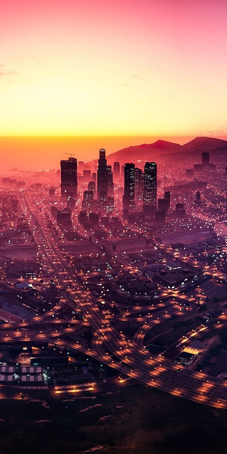 736x1472 Los Santos, GTA V, cityscape, sunset, game Wallpaper
