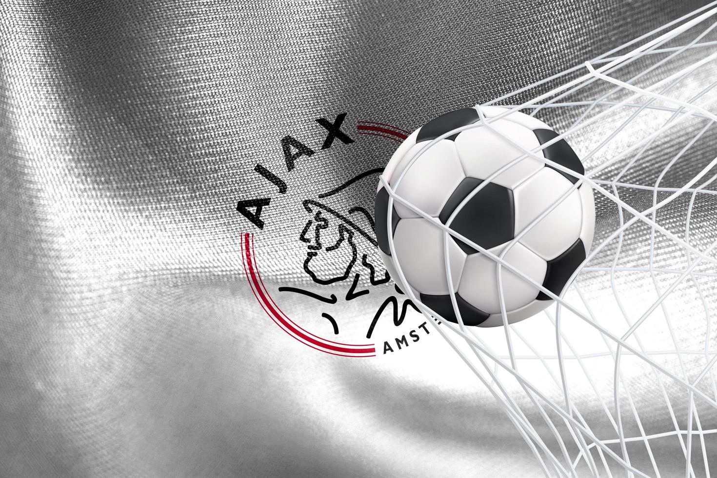 1470x980 UEFA Champions League AFC Ajax flag with a soccer ball in net, UEFA Wallpaper, 3D work and 3D image. Yerevan, Armenia January 27