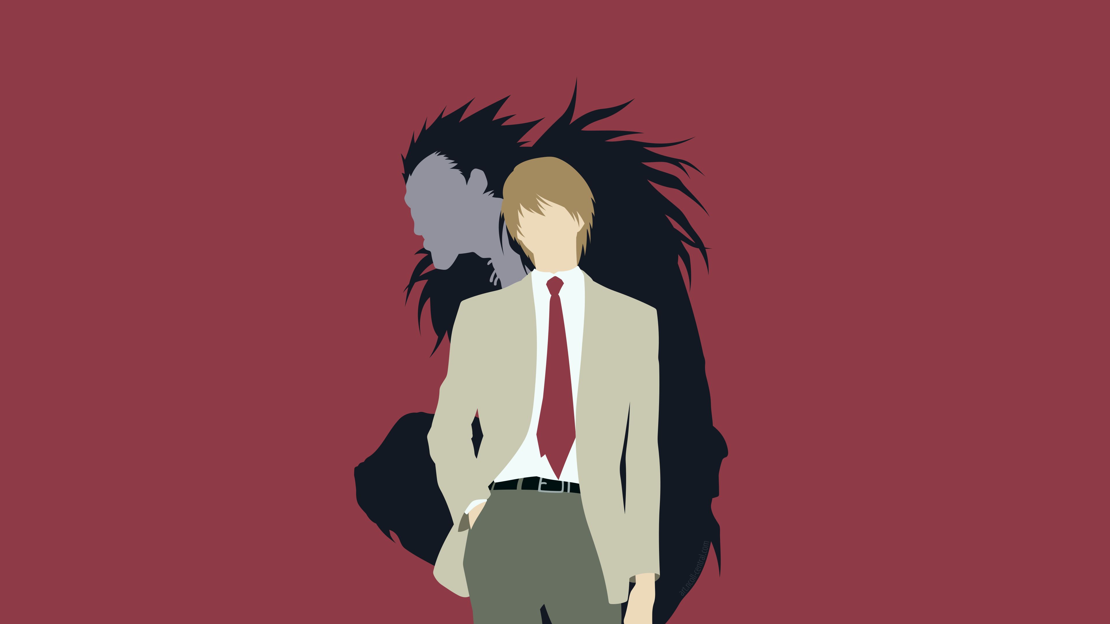 3840x2160 Desktop wallpaper: Death Note, Minimalist, Ryuk (Death Note), Anime, Belt, Black Hair, Brown Hair, Light Yagami, School Uniform, Shinigami, Tie 4K free download for PC. 915089
