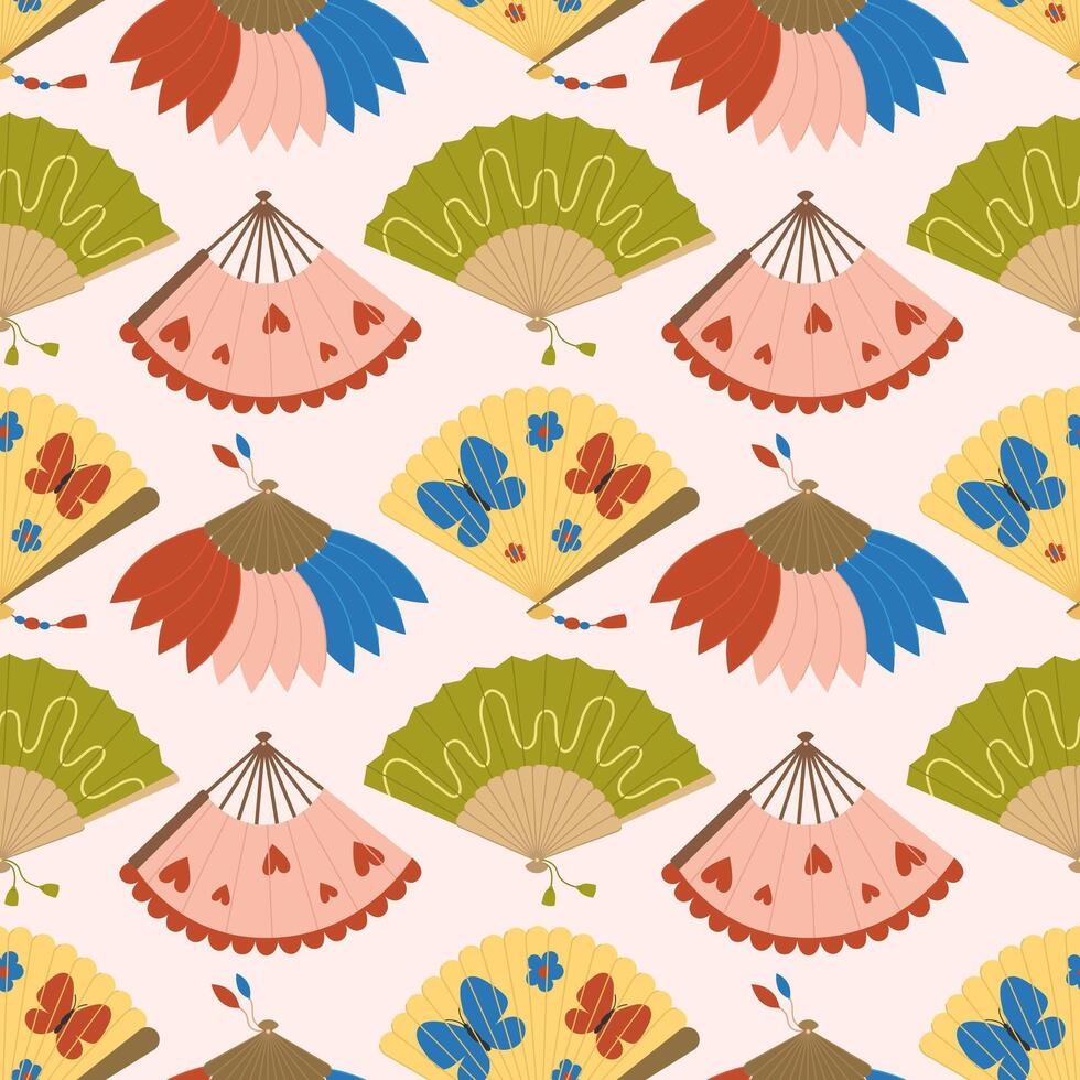 980x980 Seamless pattern with hand fans on white background. Asian traditional folding souvenir. Cooling accessory. Chinese, Japanese culture. Flat illustration for wallpaper, textile, packaging