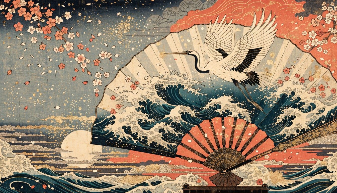 1344x768 Download Elegant Floating Fan Image, Japanese, Minimal