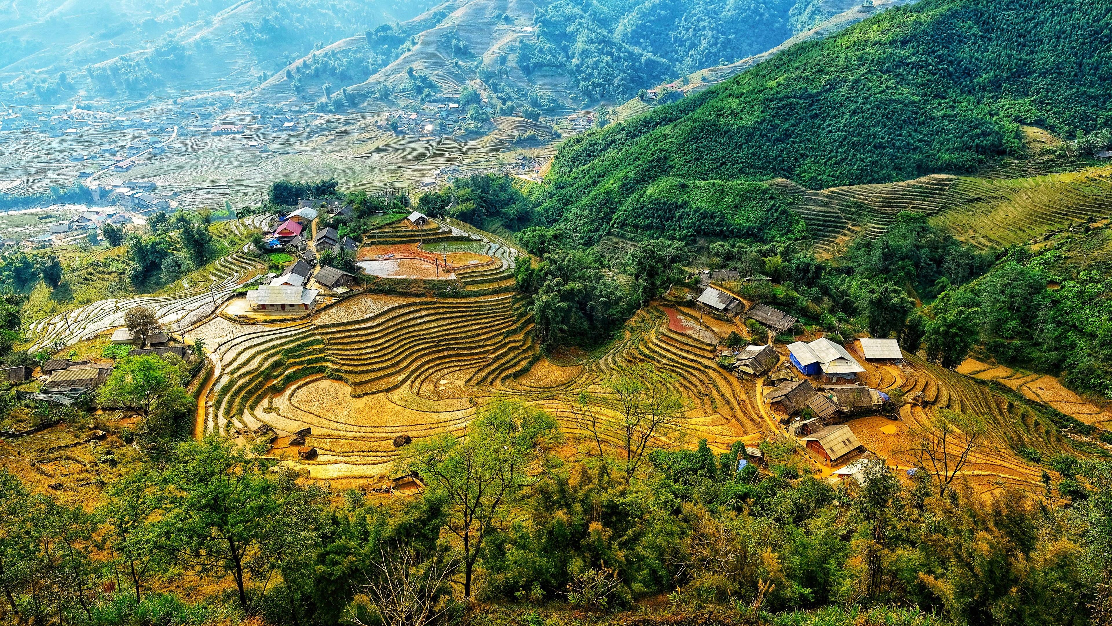 3840x2160 Vietnam Jungle Village Terraced Fields Landscape