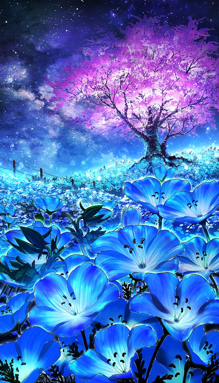 728x1275 HD wallpaper: portrait display, flowers, starry night, starred sky, blue flowers