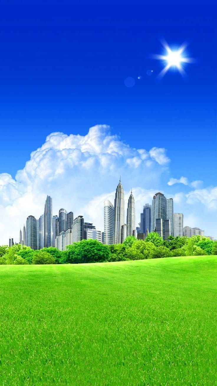736x1308 Frutiger Aero Wallpaper. Green Grass Field and City Views background, Dreamcore aesthetic, 2000s wallpaper