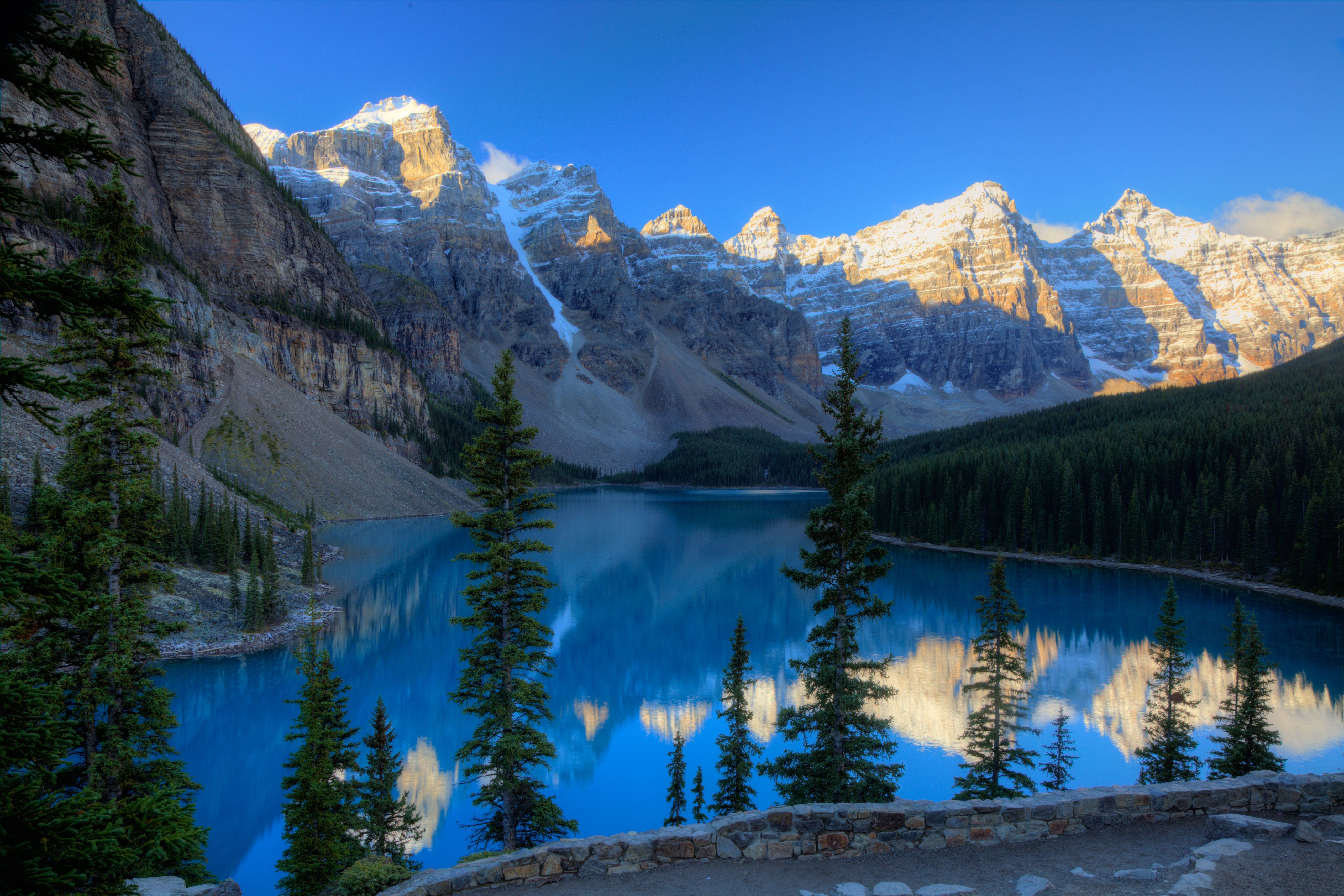 5120x3413 Big mountains in the forest Lake Moraine Wallpaper 4K for Desktop