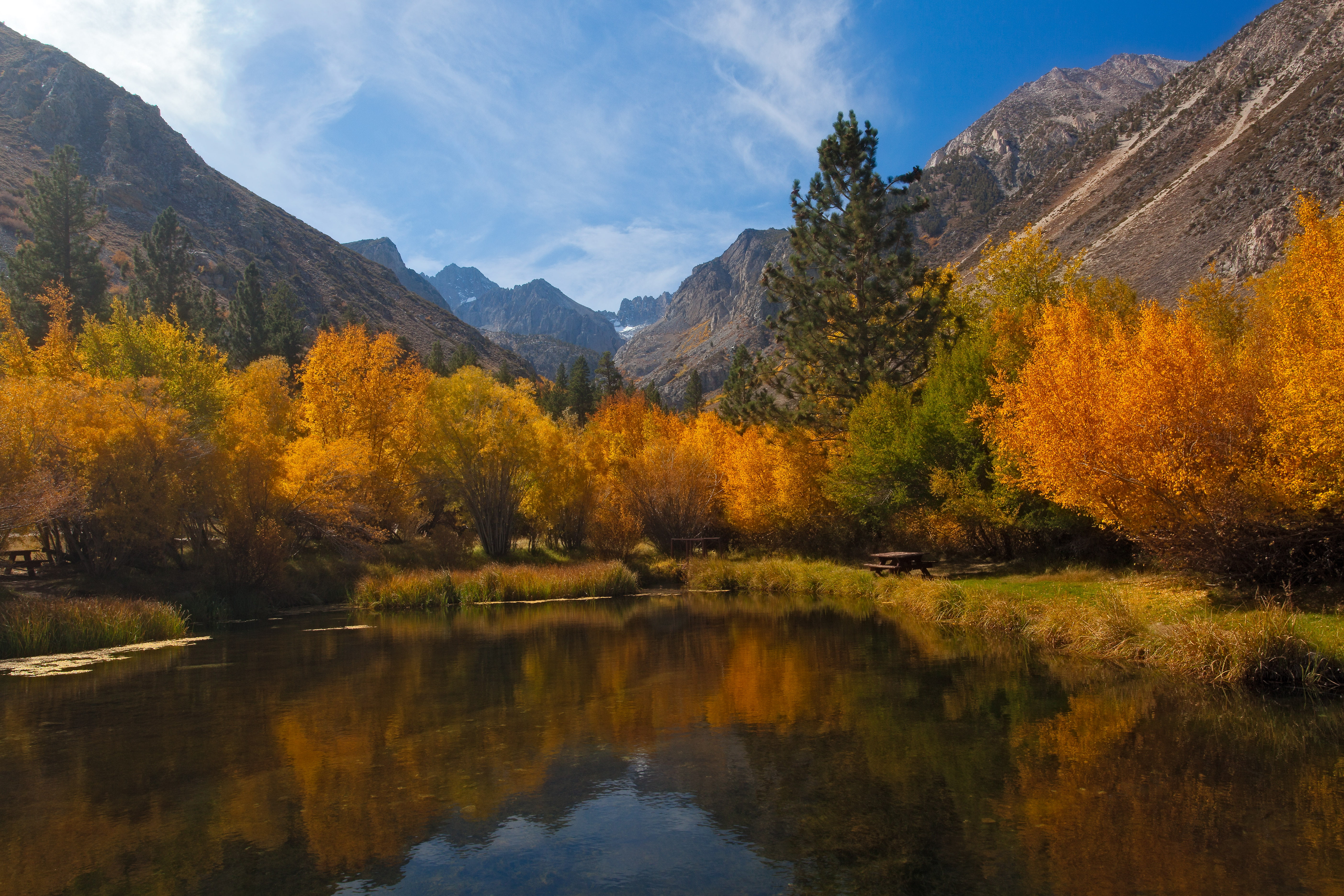 5616x3744 Landscape photography of trees, mountains, and lake, big pine HD wallpaper