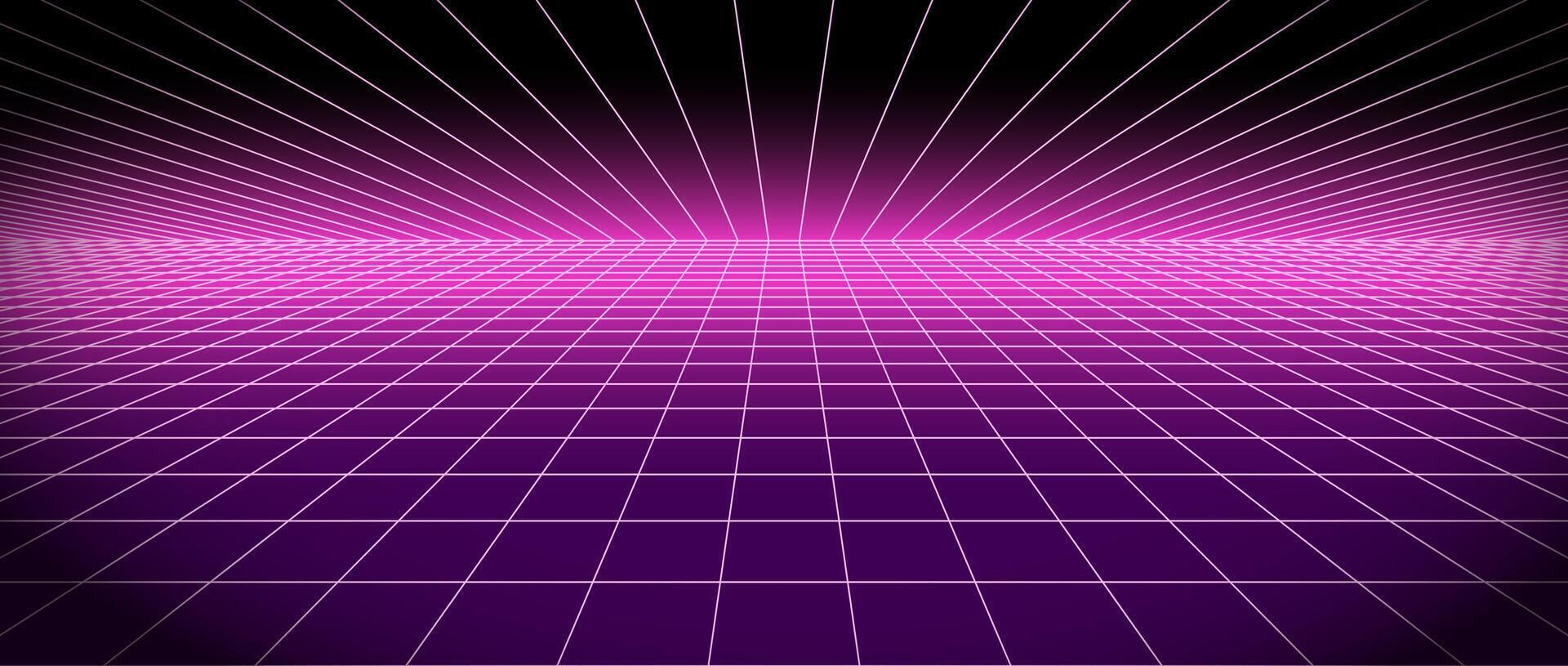 1920x815 Retro futuristic grid background vanishing in distance. Bright neon pink glowing tile floor and ceiling fading in perspective. Lattice plane landscape wallpaper. Abstract horizontal surface