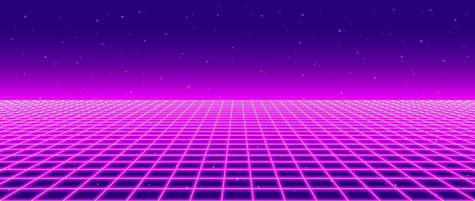 1649x700 Neon wireframe horizon background. Light pink grid room floor in perspective. Glow magenta retro futuristic wallpaper. Abstract checkered plane landscape. Neon game floor surface