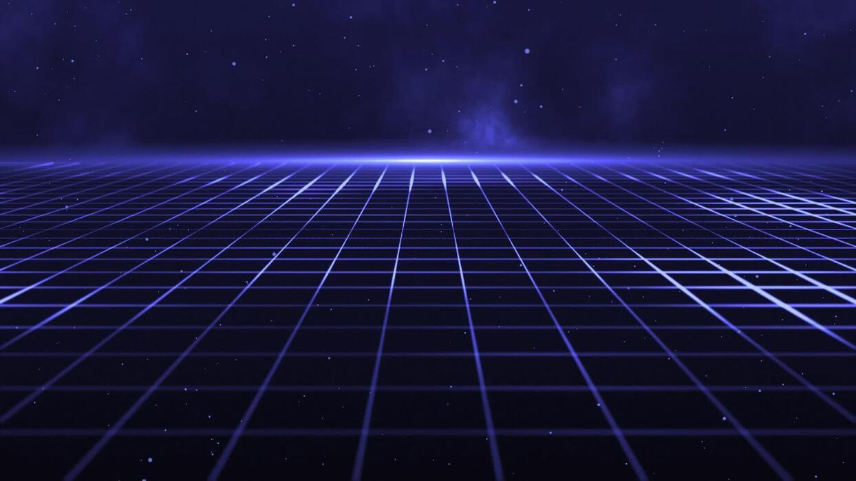 1244x700 Retro futuristic cyberpunk grid background with glowing blue light beams, star particles and atmospheric clouds. This trendy retrowave animation is full HD and a seamless loop