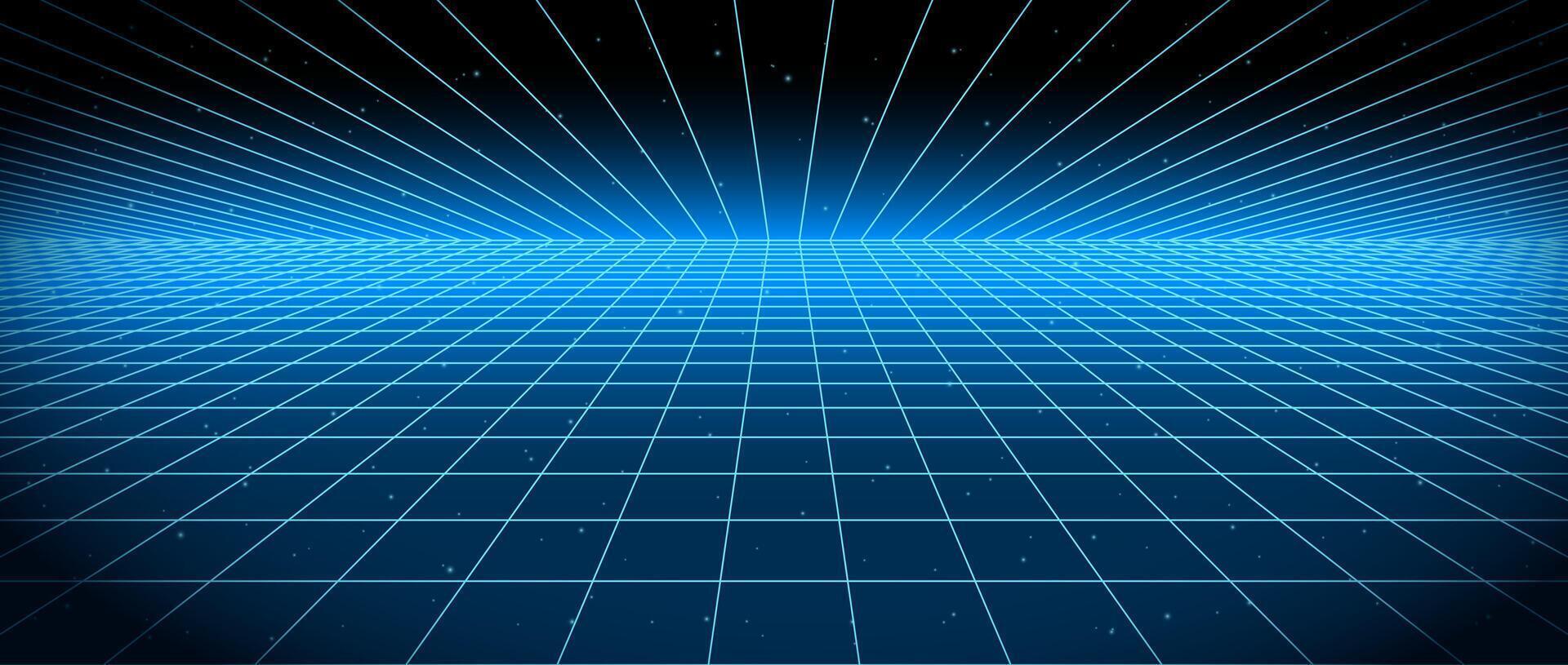 1920x815 Bright blue glow neon wireframe background. Glowing checkered grid floor plane in perspective. Retro shining futuristic horizon wallpaper. Arcade game sci fi matrix landscape surface