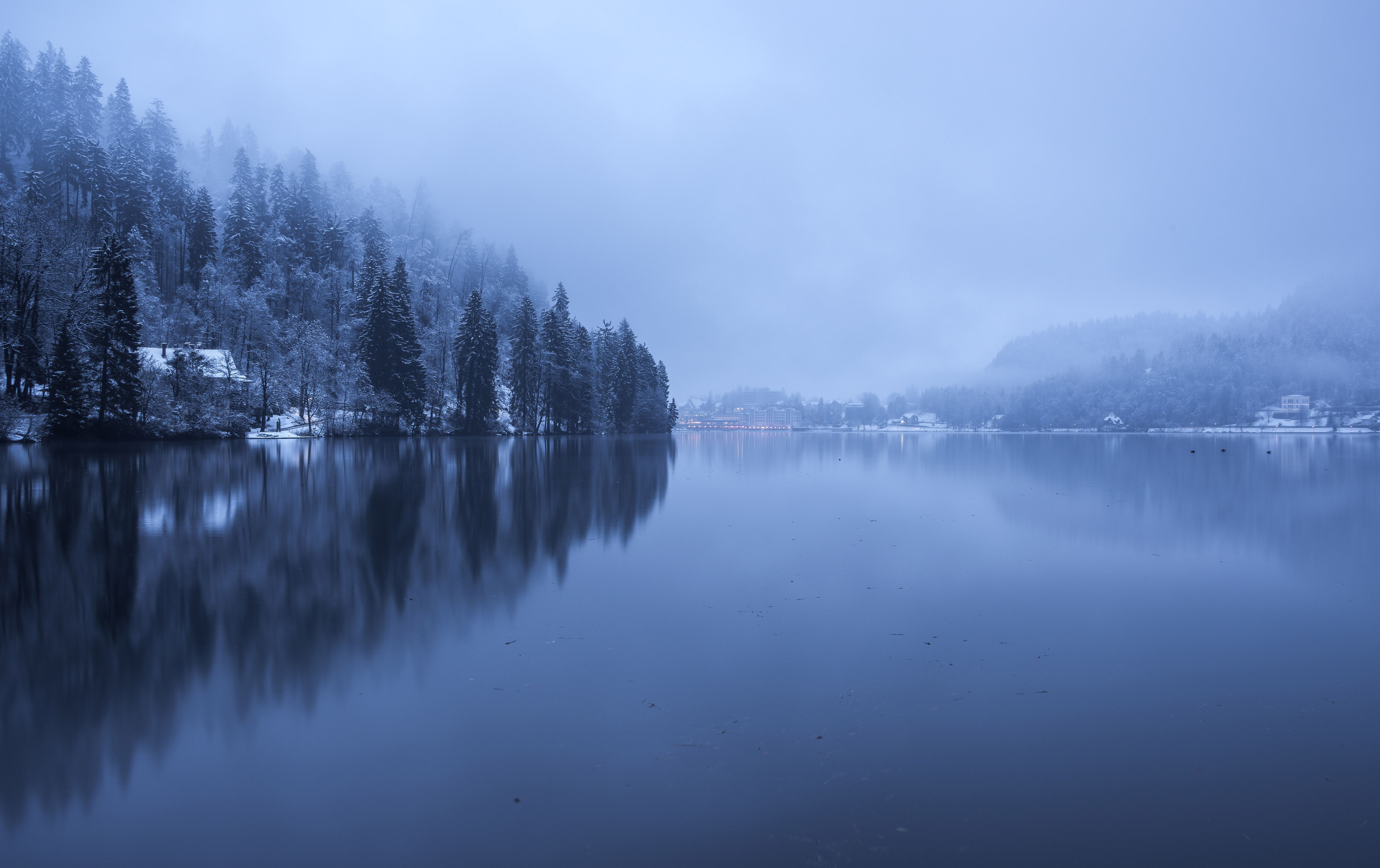 6000x3774 Dreamy Pixel. Lake Bled on a foggy and cloudy winter day