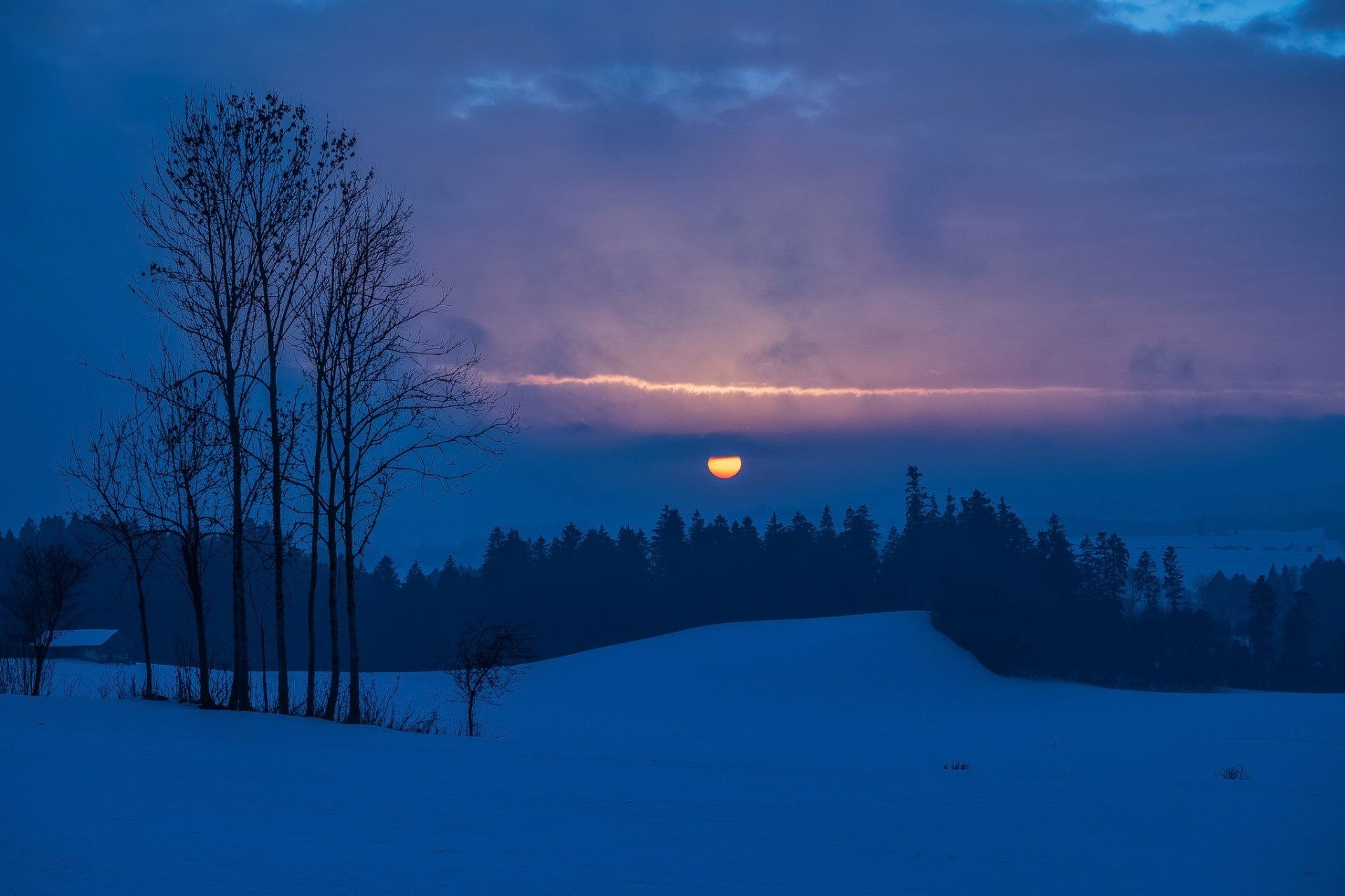 1920x1280 Winter Sunset Over Snowy Landscape with Trees and Cloudy Sky
